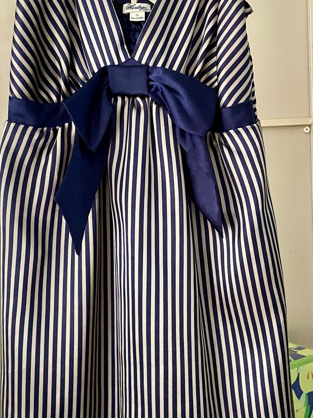 Adorable Satin Dress in Navy & Tan thin Stripes- Big Navy Satin Bow in front!